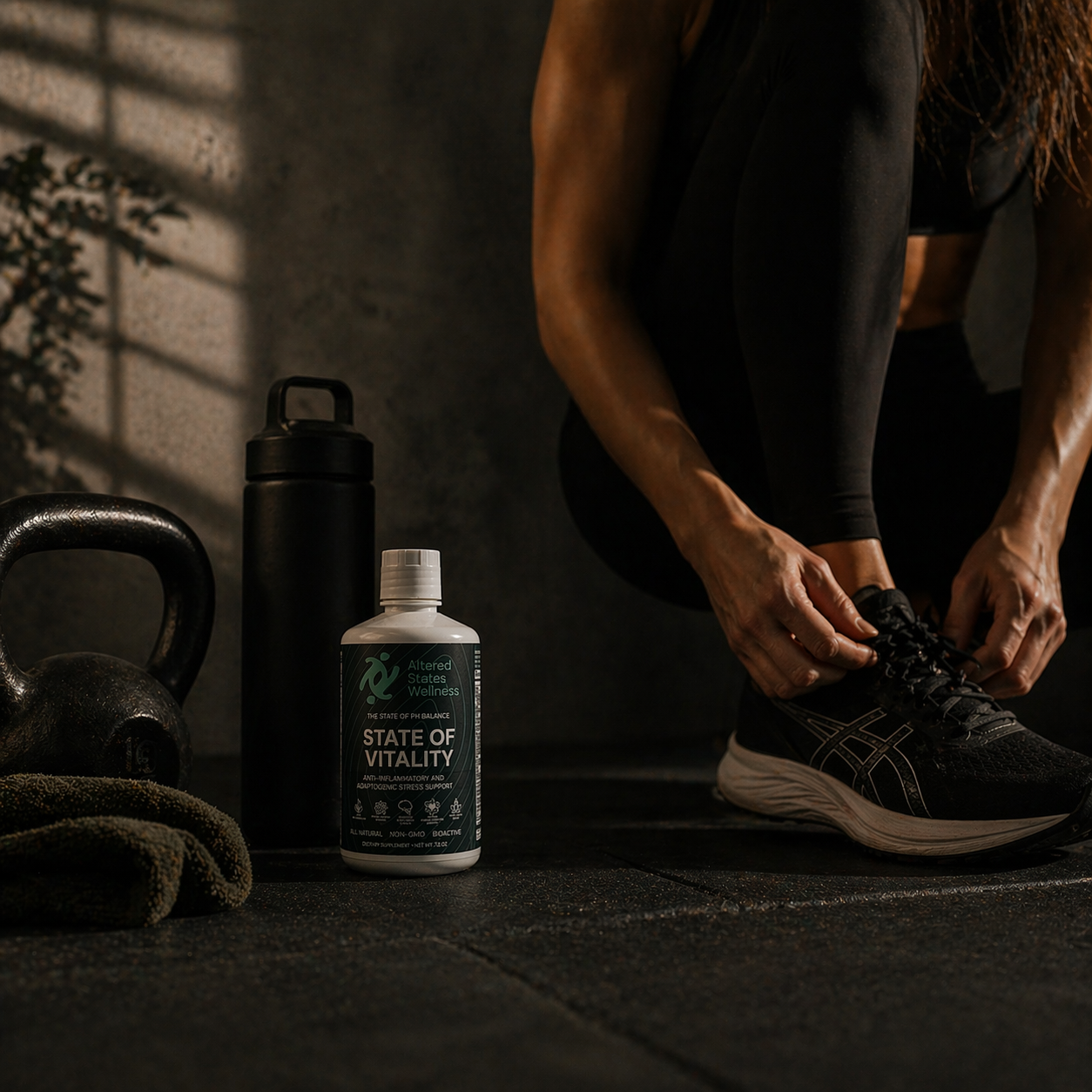 runner tieing shoe representing the energy and performance collection with the state of vitality featured