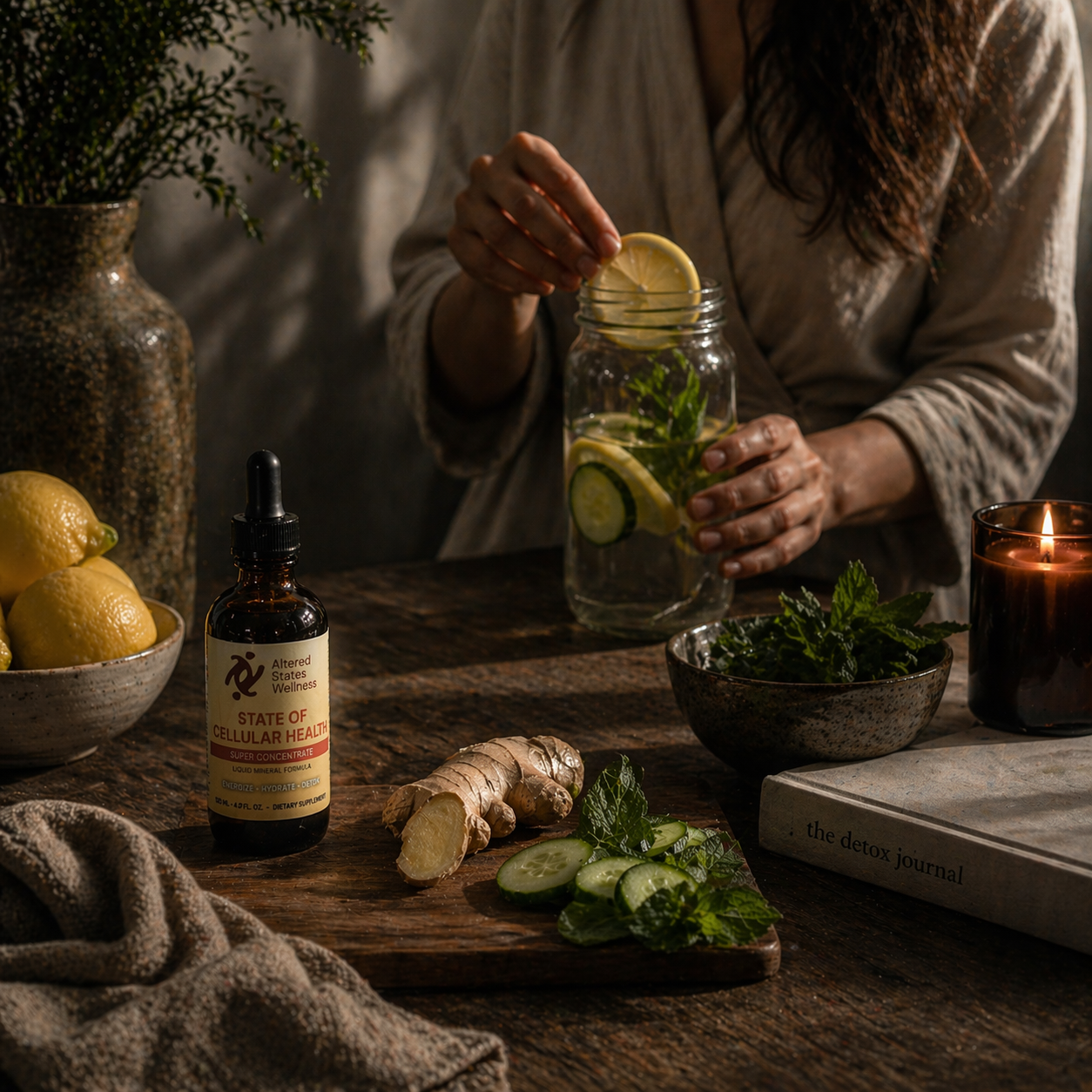 women on a health detox drinking lemon and mint water with ginger and cucumber on a cutting board featuring the state of cellular energy product for the ultimate detox bundle collection