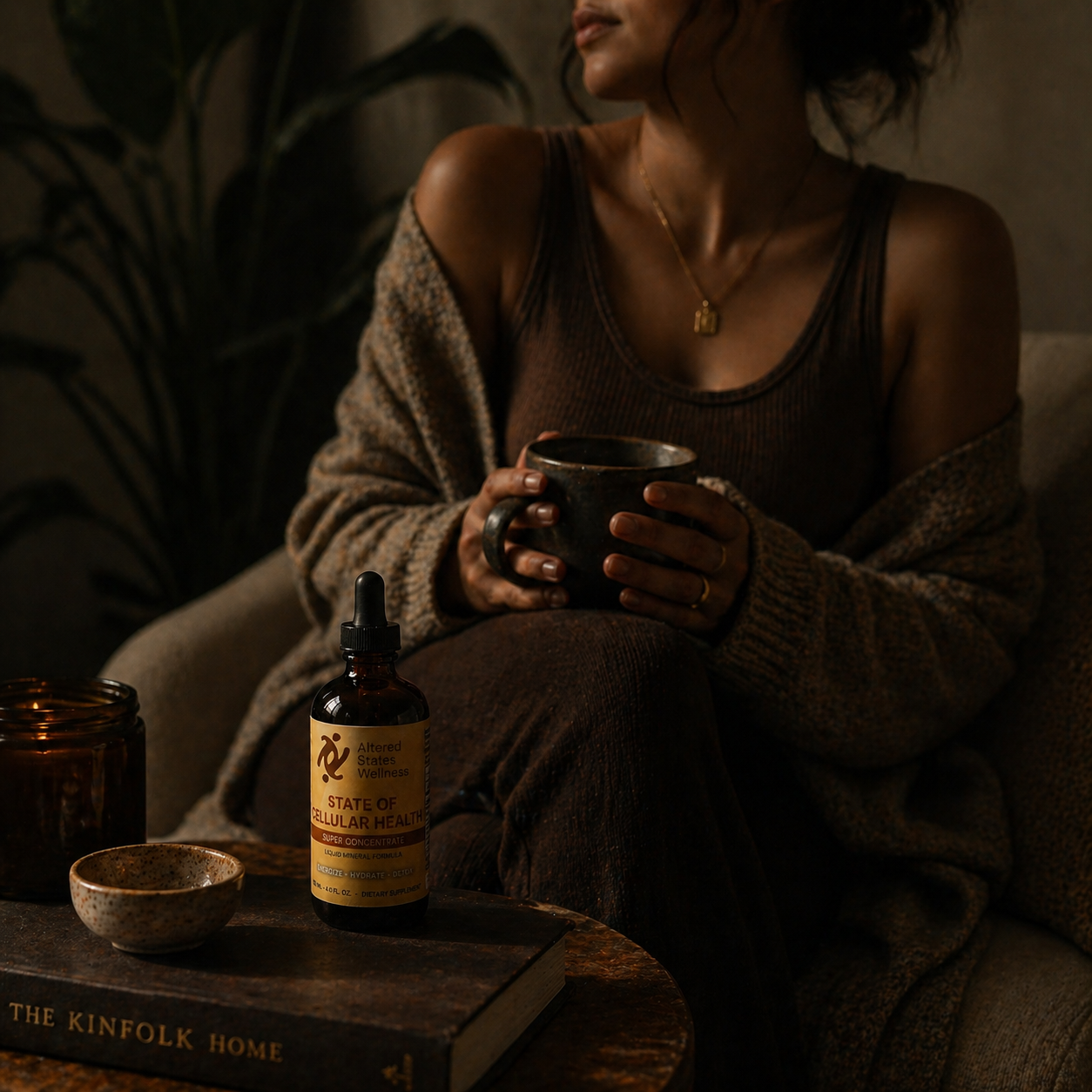 woman on cozy couch with state of cellular health fulvic acid