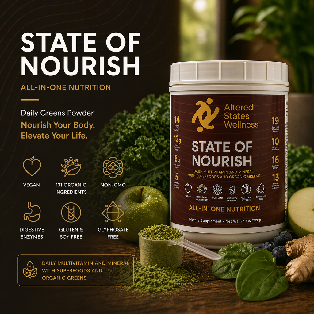 Altered States Wellness State of Nourish supplement container with green powder and health ingredients on a wooden surface.