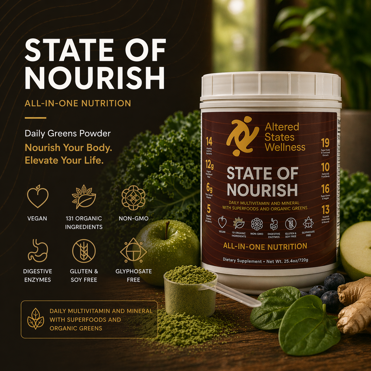 Altered States Wellness State of Nourish supplement container with green powder and health ingredients on a wooden surface.