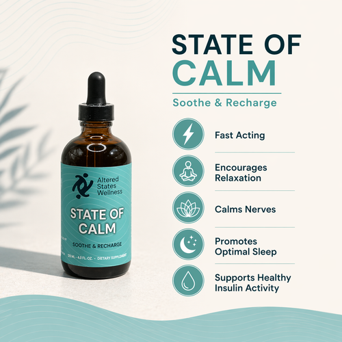 Bottle of 'State of Calm' supplement with product features listed on a light background