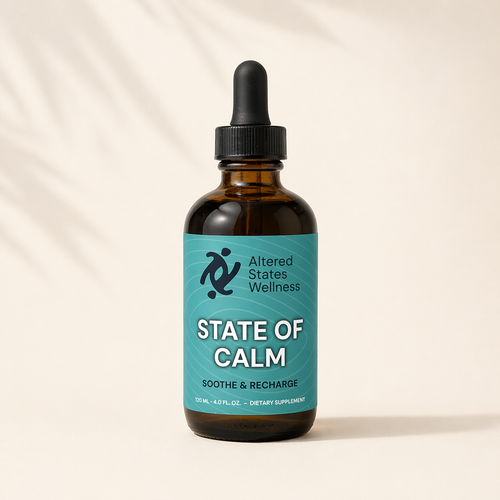 Bottle of 'State of Calm' by Altered States Wellness on a beige background