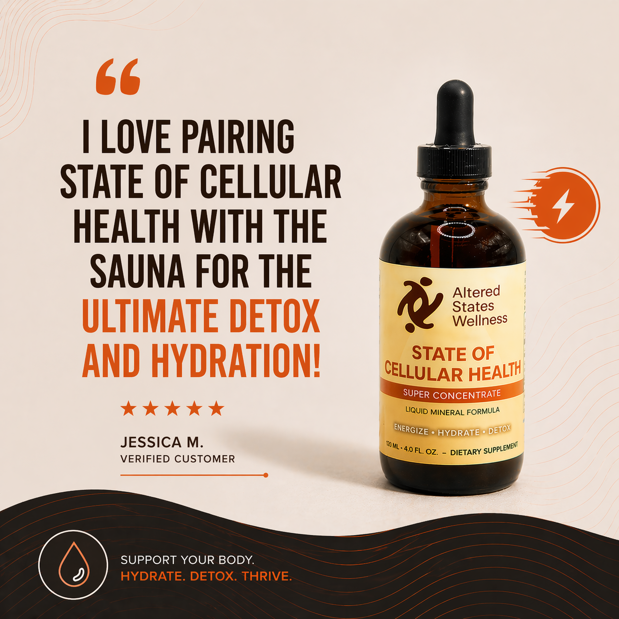 Bottle of Altered States Wellness State of Cellular Health supplement with customer testimonial on a beige background