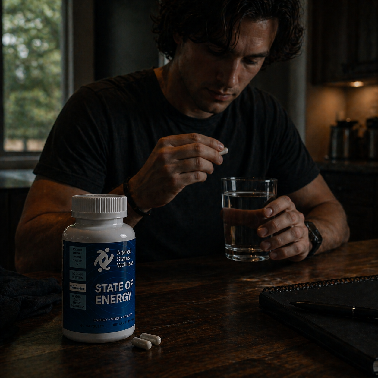 Man holding a glass of water next to a bottle labeled 'State of Energy' on a wooden table.