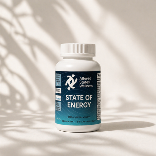 Supplement bottle labeled 'Altered States Wellness State of Energy' on a neutral background
