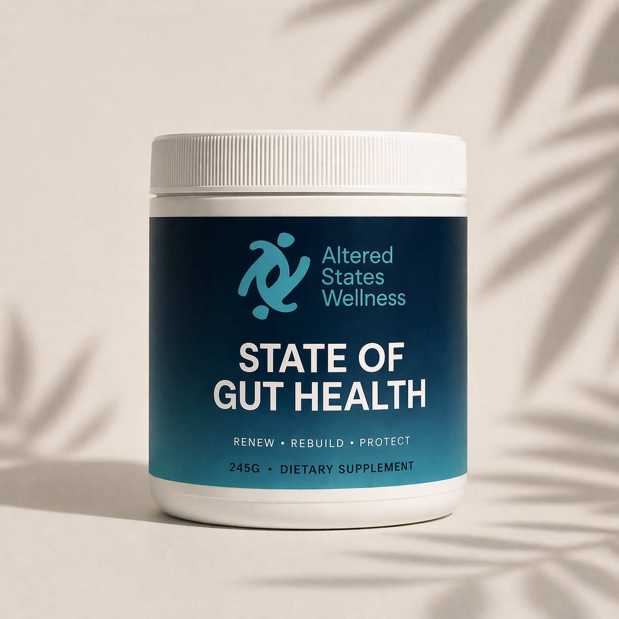Supplement container labeled 'State of Gut Health' by Altered States Wellness on a neutral background. Gut health digestion supplement. 
