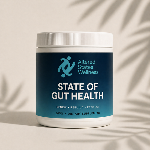 Supplement container labeled 'State of Gut Health' by Altered States Wellness on a neutral background. Gut health digestion supplement. 
