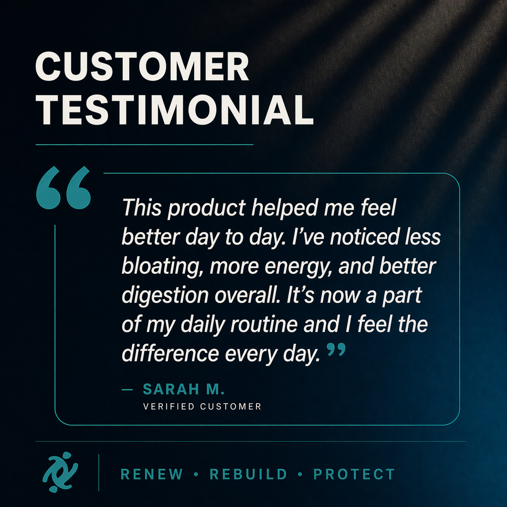 Customer testimonial quote on a dark background with a brand logo.