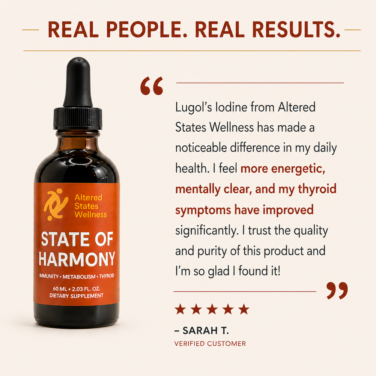 Bottle of Altered States Wellness State of Harmony supplement with customer testimonial on a beige background