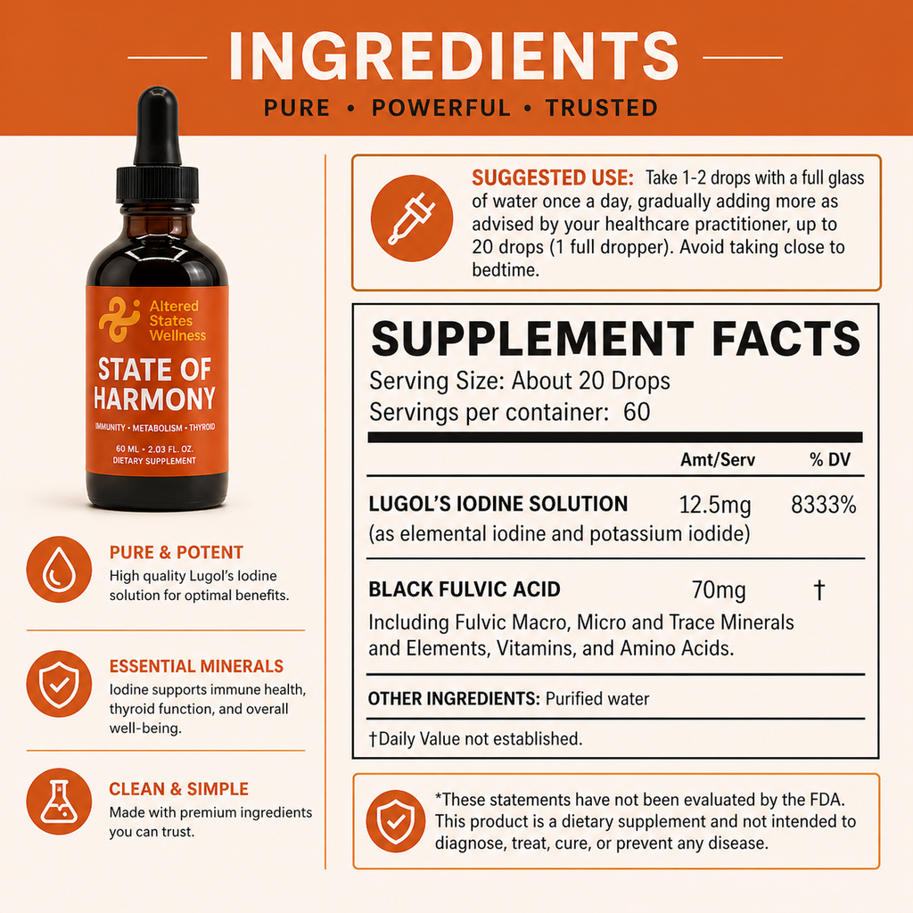 Supplement label for 'State of Harmony' with ingredients and supplement facts.