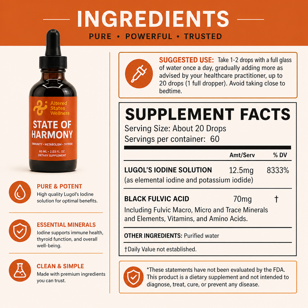 Supplement label for 'State of Harmony' with ingredients and supplement facts.