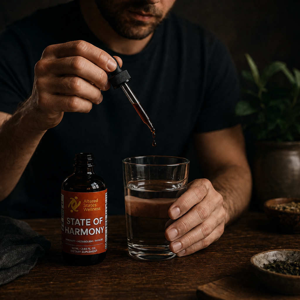 Person pouring a liquid from a dropper into a glass with a bottle labeled 'State of Harmony' on a wooden table.
