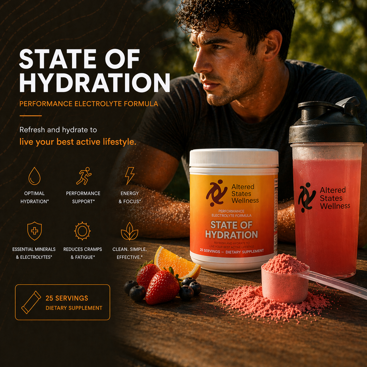 Altered States Wellness State of Hydration supplement with a man and ingredients on a table.