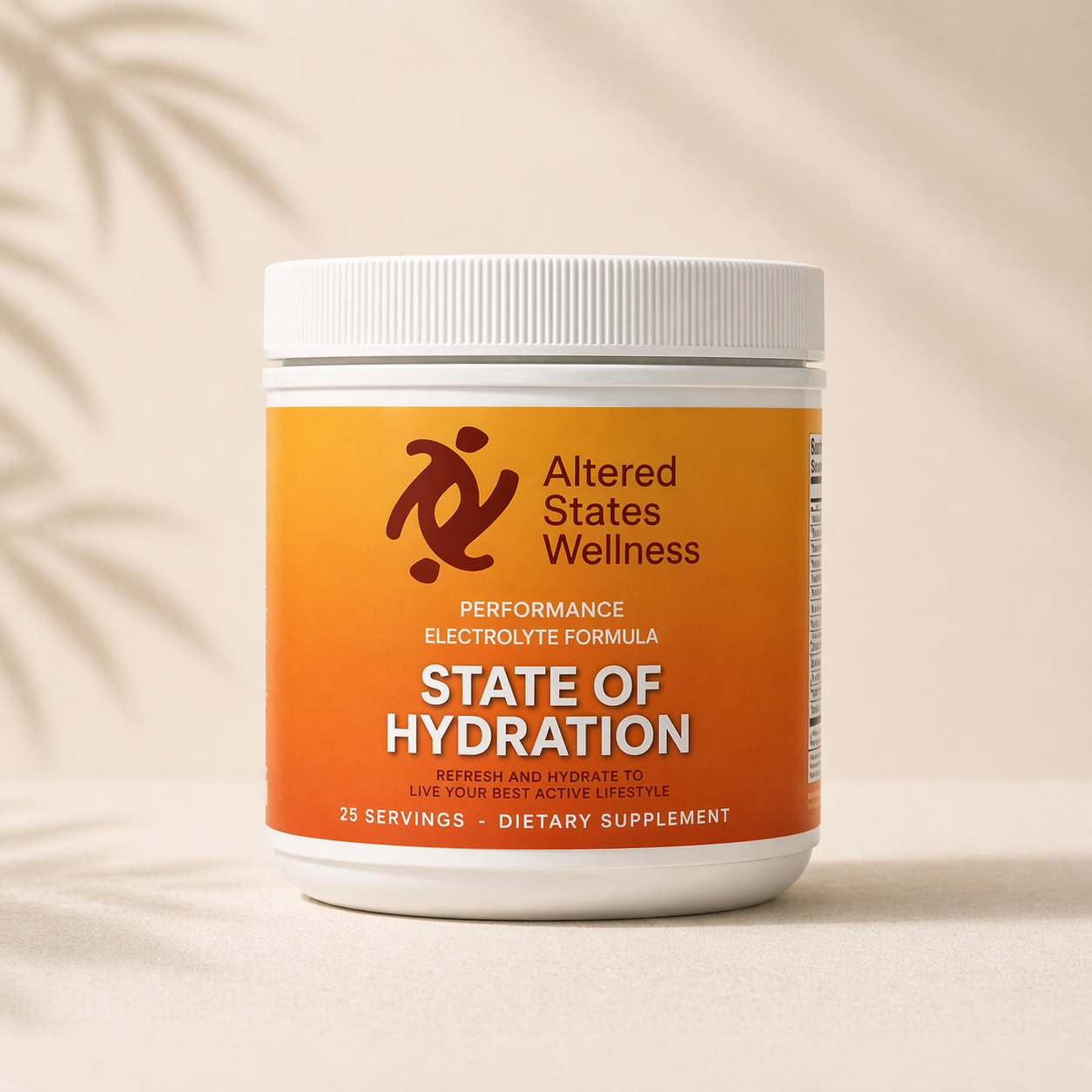 Altered States Wellness State of Hydration electrolyte supplement container on a beige background