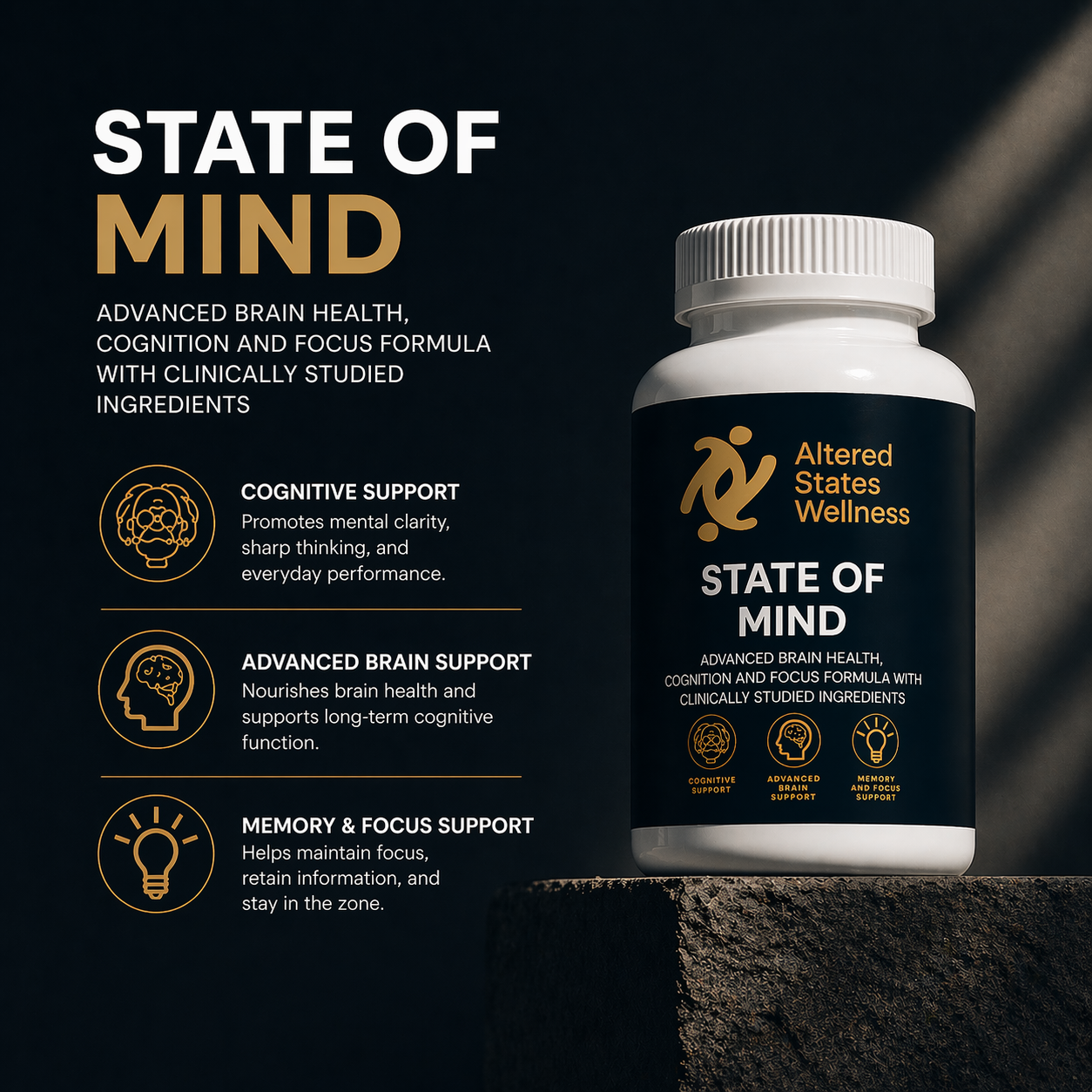Bottle of 'State of Mind' supplement with product details on a dark background