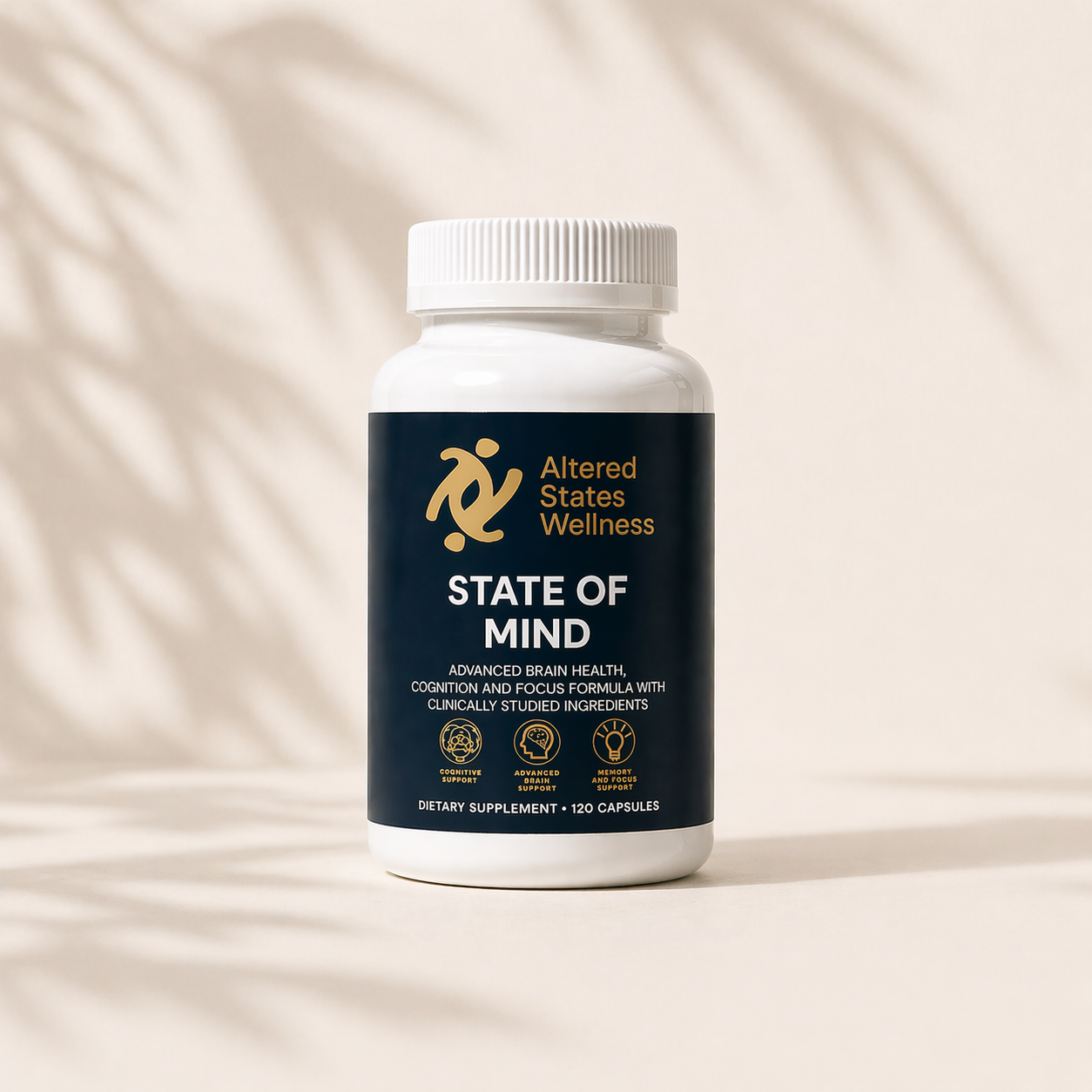 Supplement bottle labeled 'State of Mind' by Altered States Wellness on a beige background