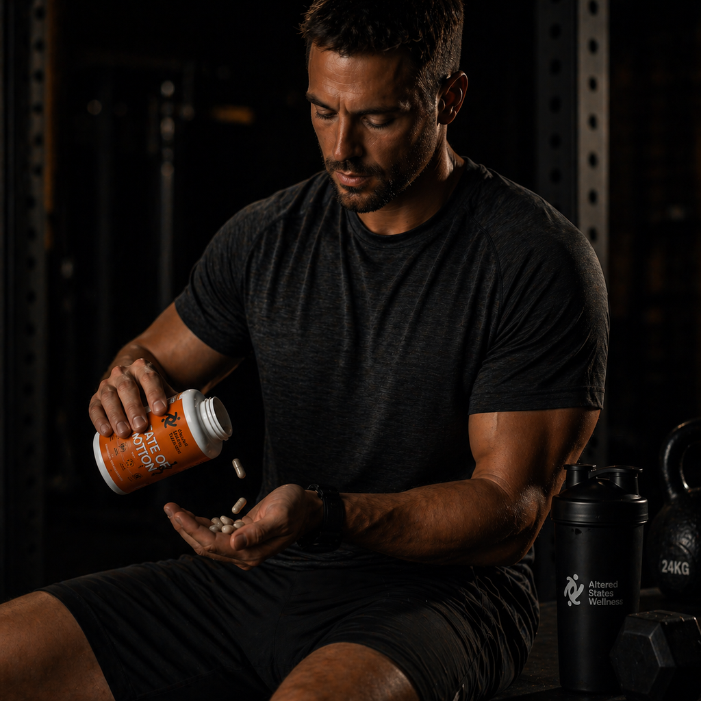 Man pouring supplements from a bottle into his hand in a gym setting