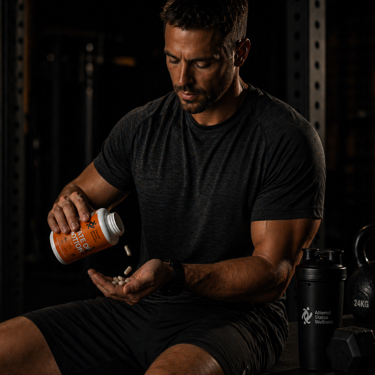 Man pouring supplements from a bottle into his hand in a gym setting