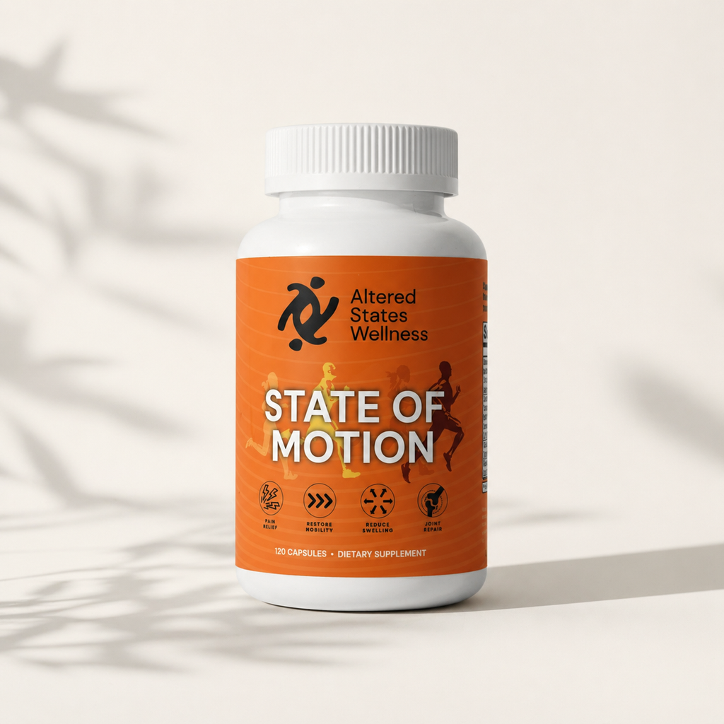 Supplement bottle labeled 'State of Motion' by Altered States Wellness on a neutral background