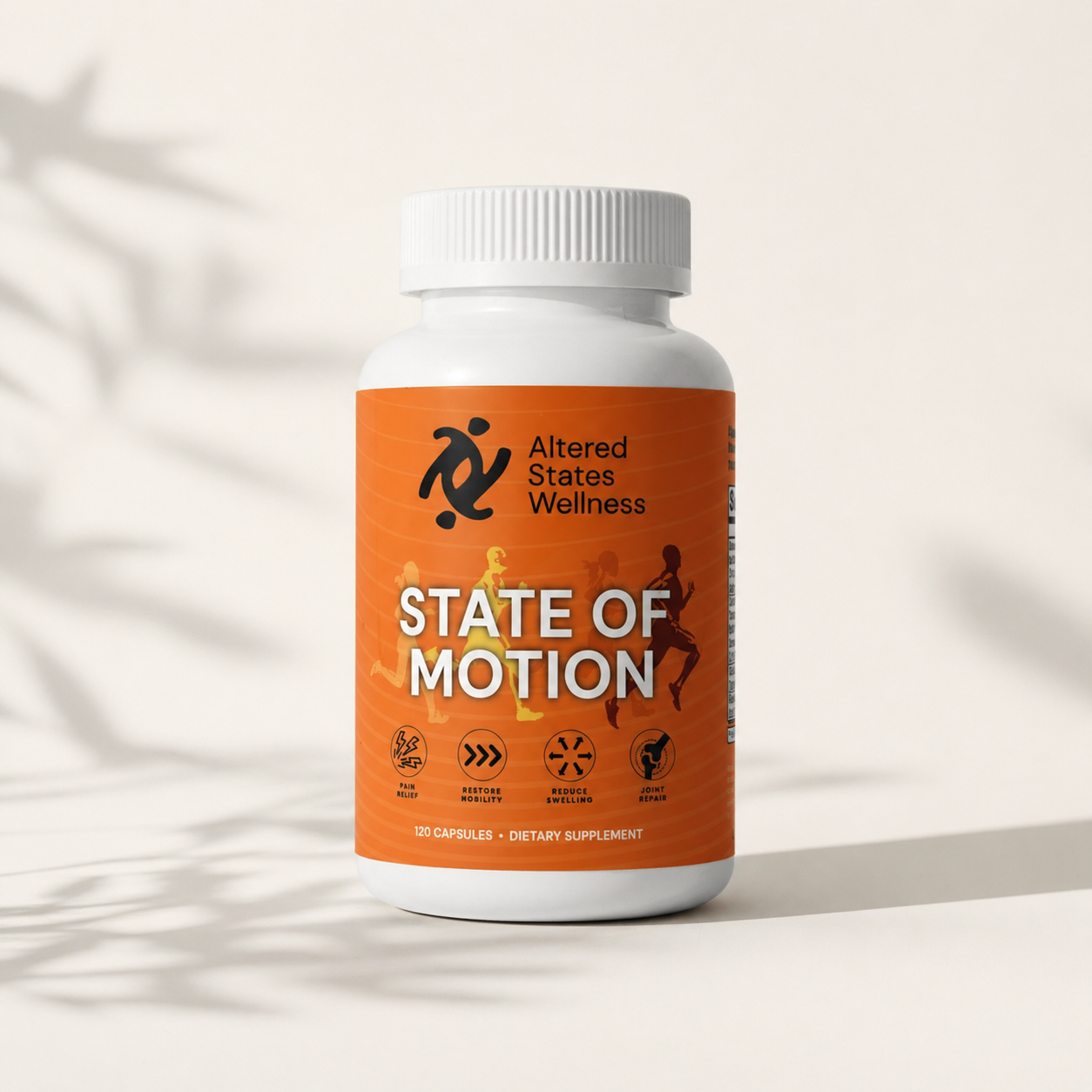 Supplement bottle labeled 'State of Motion' by Altered States Wellness on a neutral background
