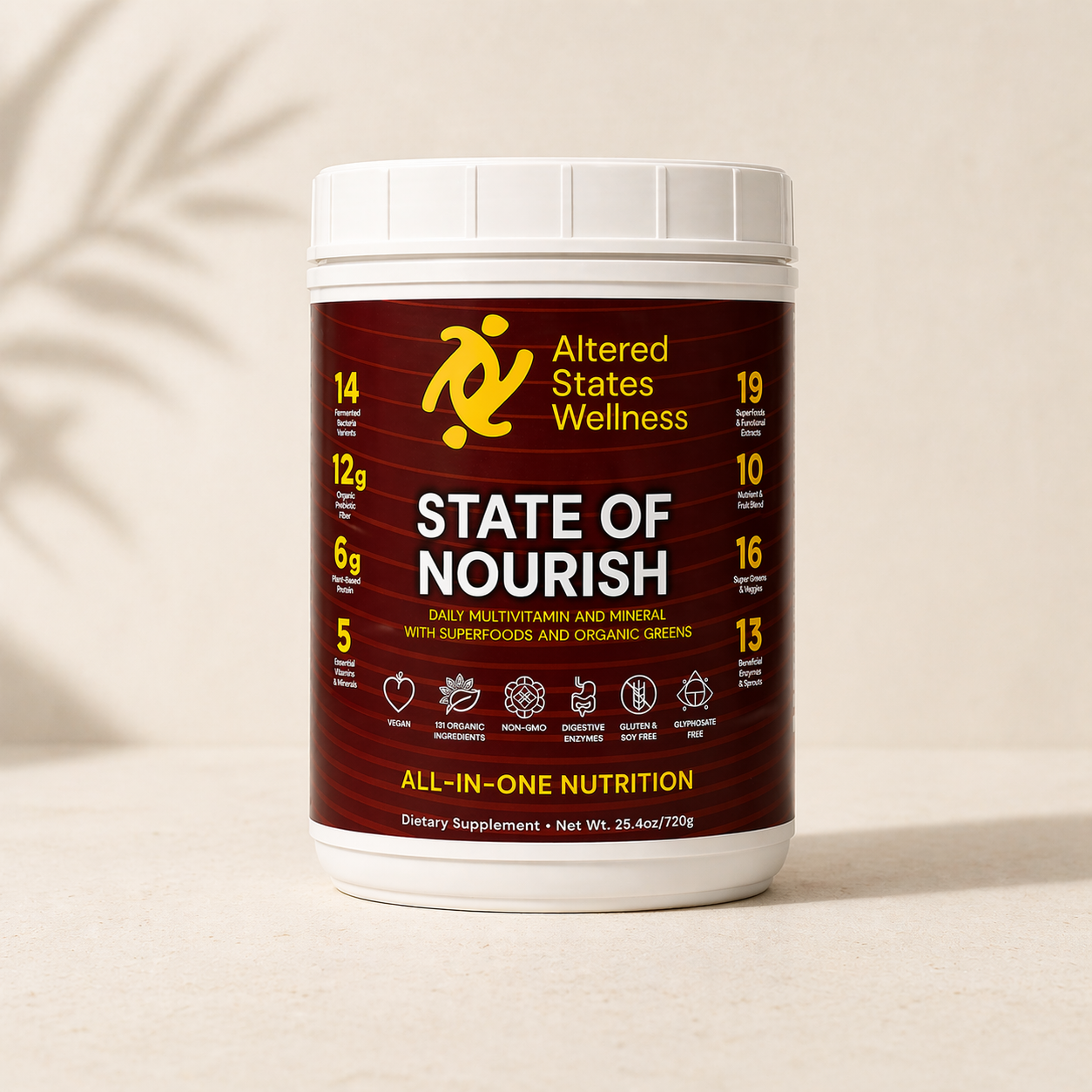Greens powder supplement container with 'Altered States Wellness' label on a beige background