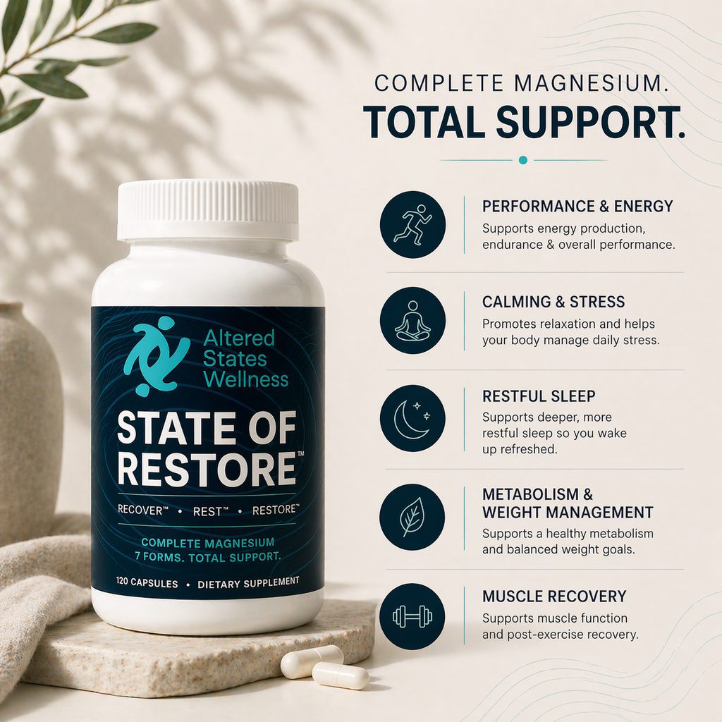 Supplement bottle labeled 'State of Restore' by Altered States Wellness with product benefits listed on a light background.