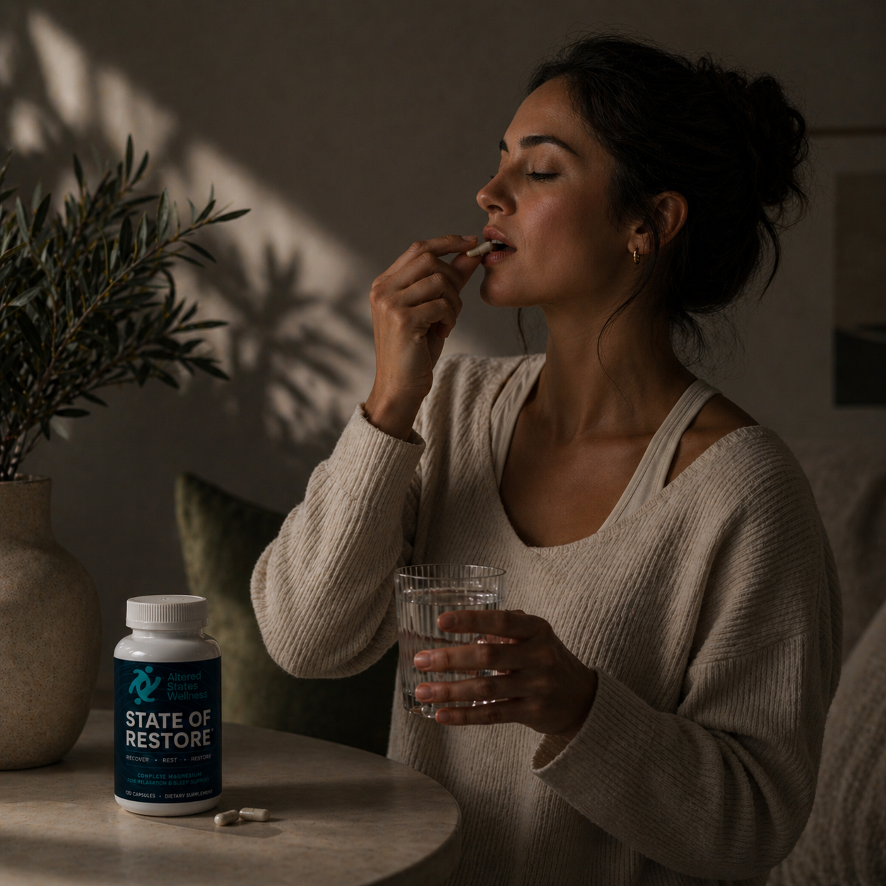 Woman taking a supplement with a glass of water, surrounded by plants and a bottle labeled 'State of Restore'.