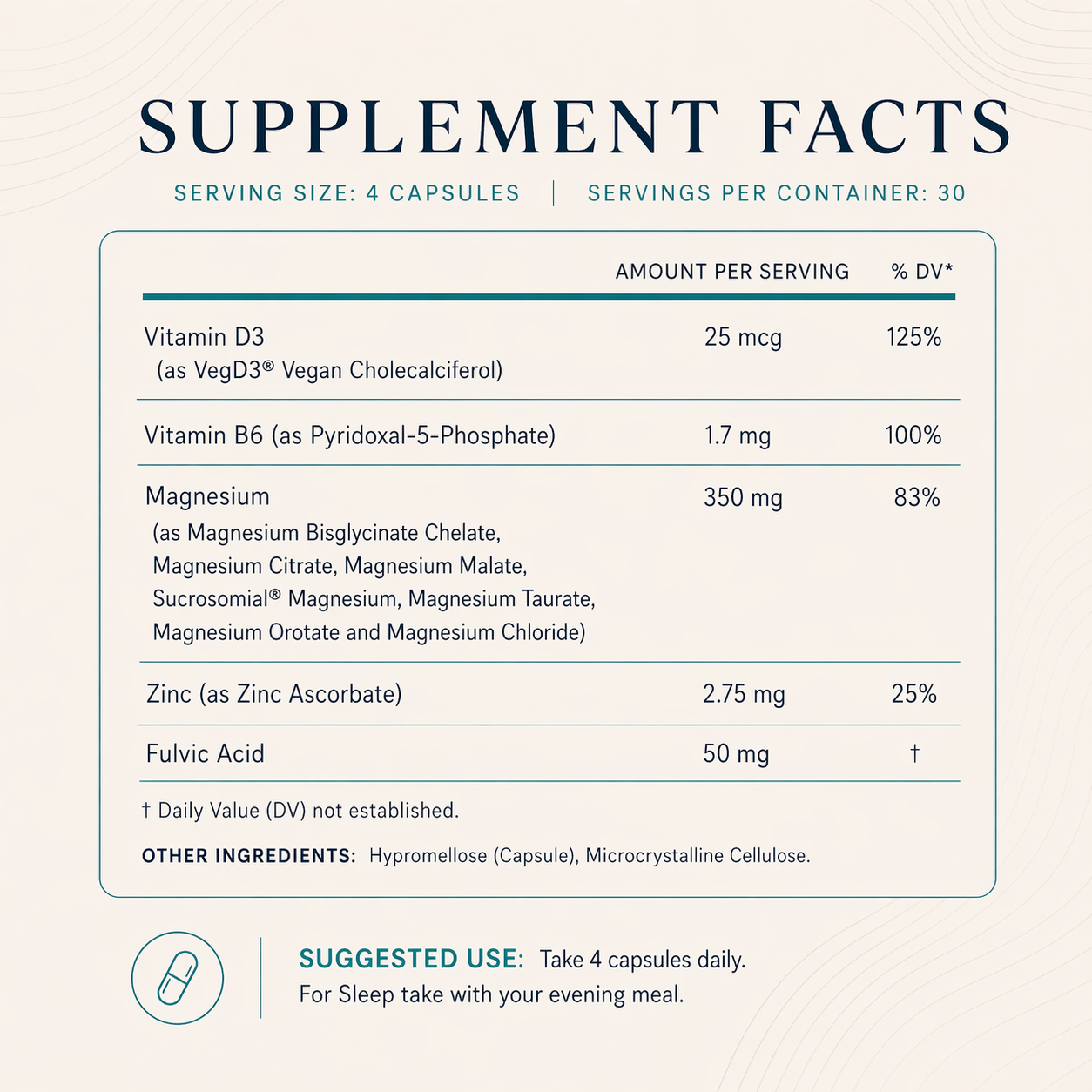 Supplement facts label with detailed nutritional information on a white background
