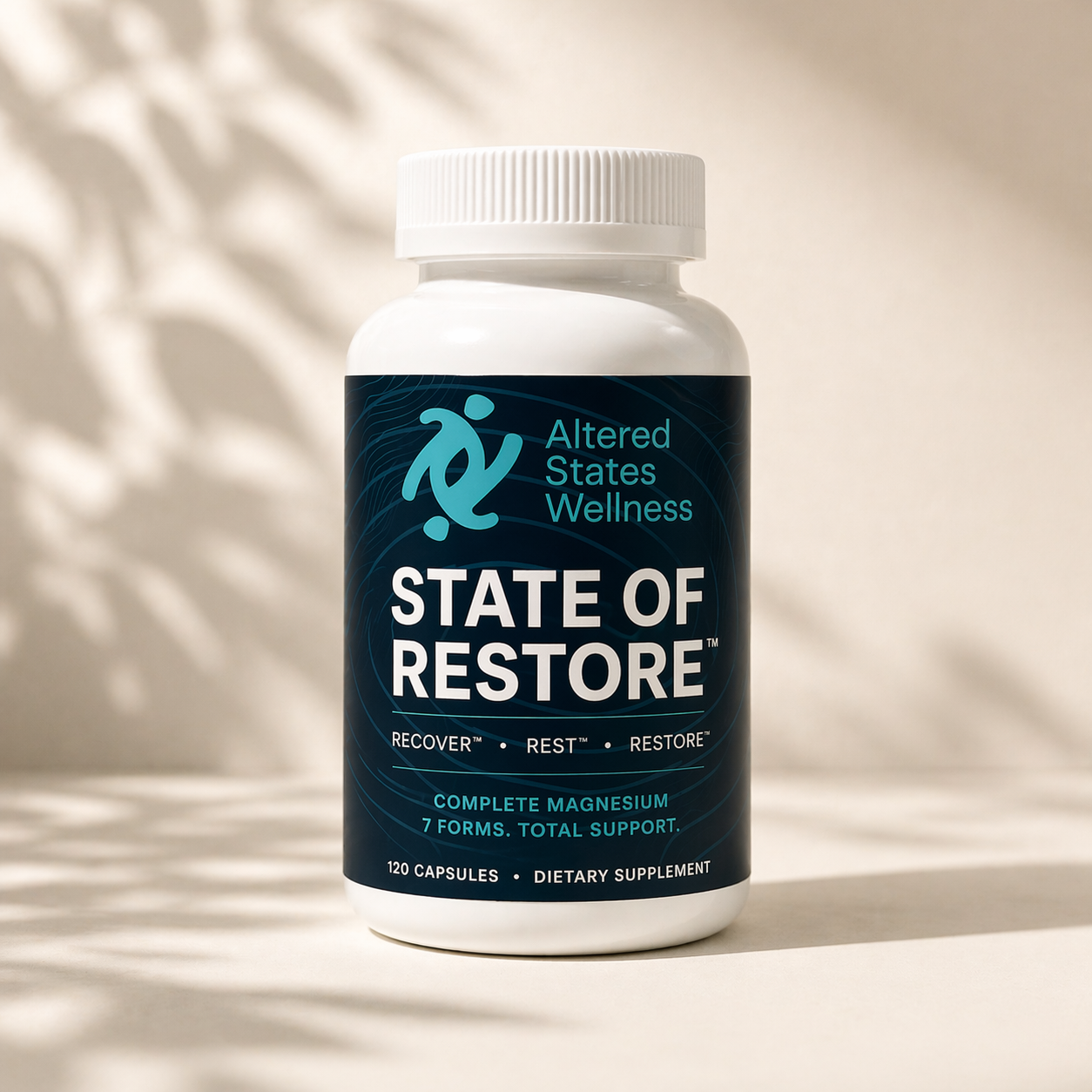 Supplement bottle labeled 'State of Restore' by Altered States Wellness on a neutral background