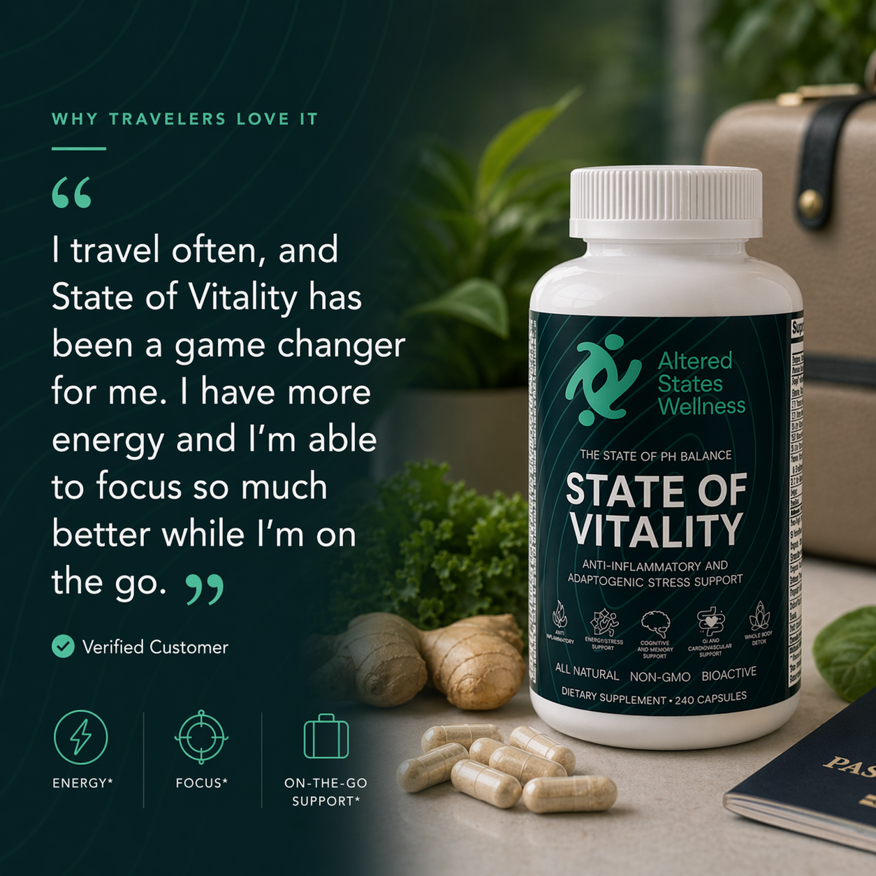 Altered States Wellness State of Vitality capsules with customer review about better energy and focus while traveling.