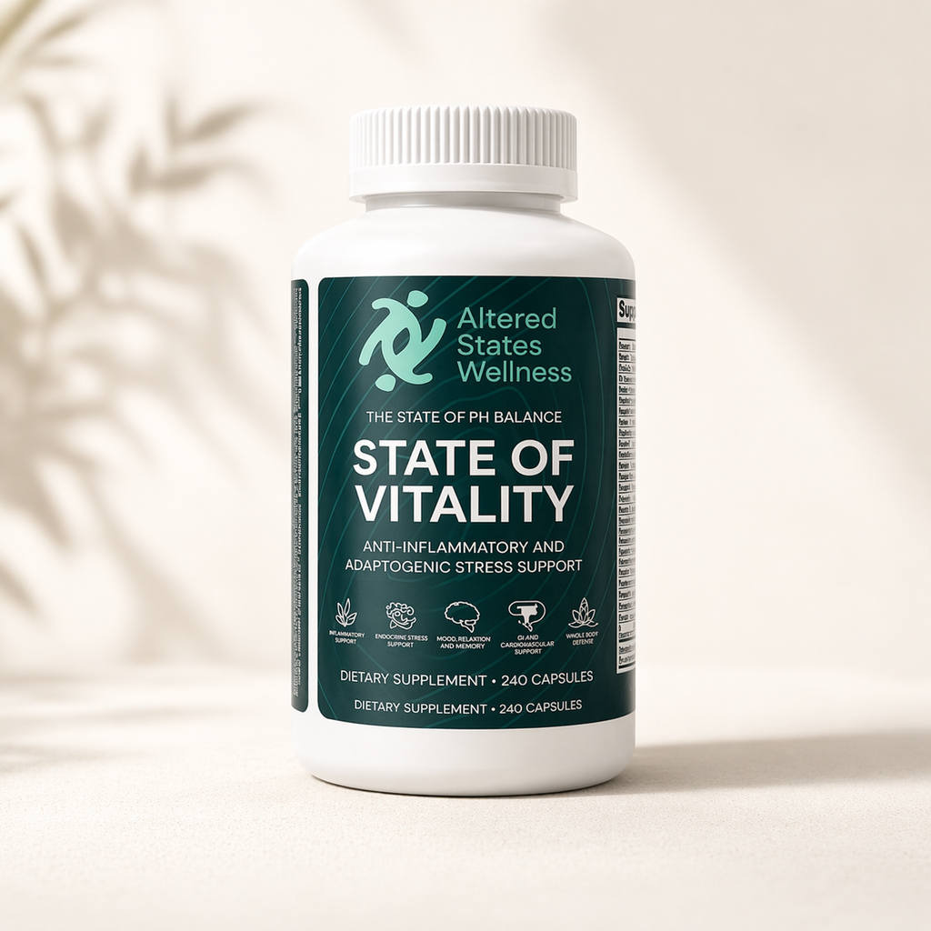 Supplement bottle labeled 'State of Vitality' by Altered States Wellness on a neutral background