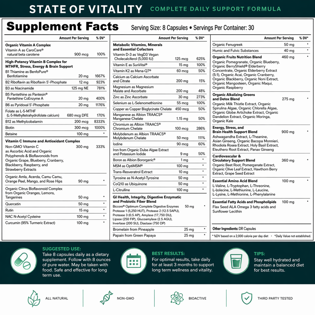 Supplement facts label for a complete daily support formula with various nutrients listed.