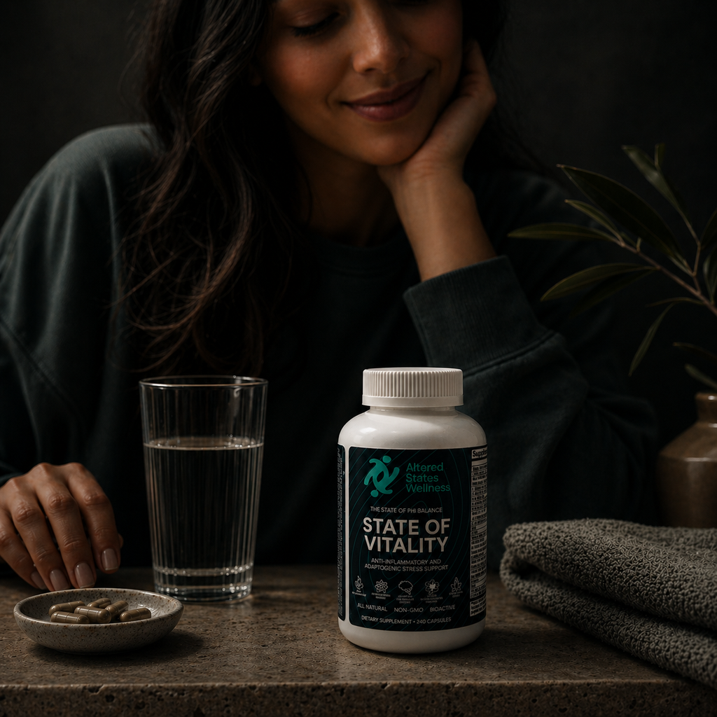 Woman sitting at a table with 'State of Vitality' supplement bottle, glass of water, and small bowl.