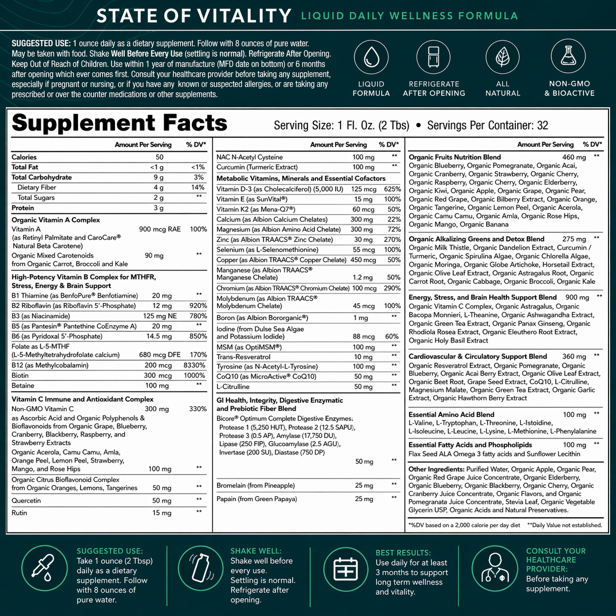 Supplement label for 'State of Vitality' liquid daily wellness formula with supplement facts and usage instructions.