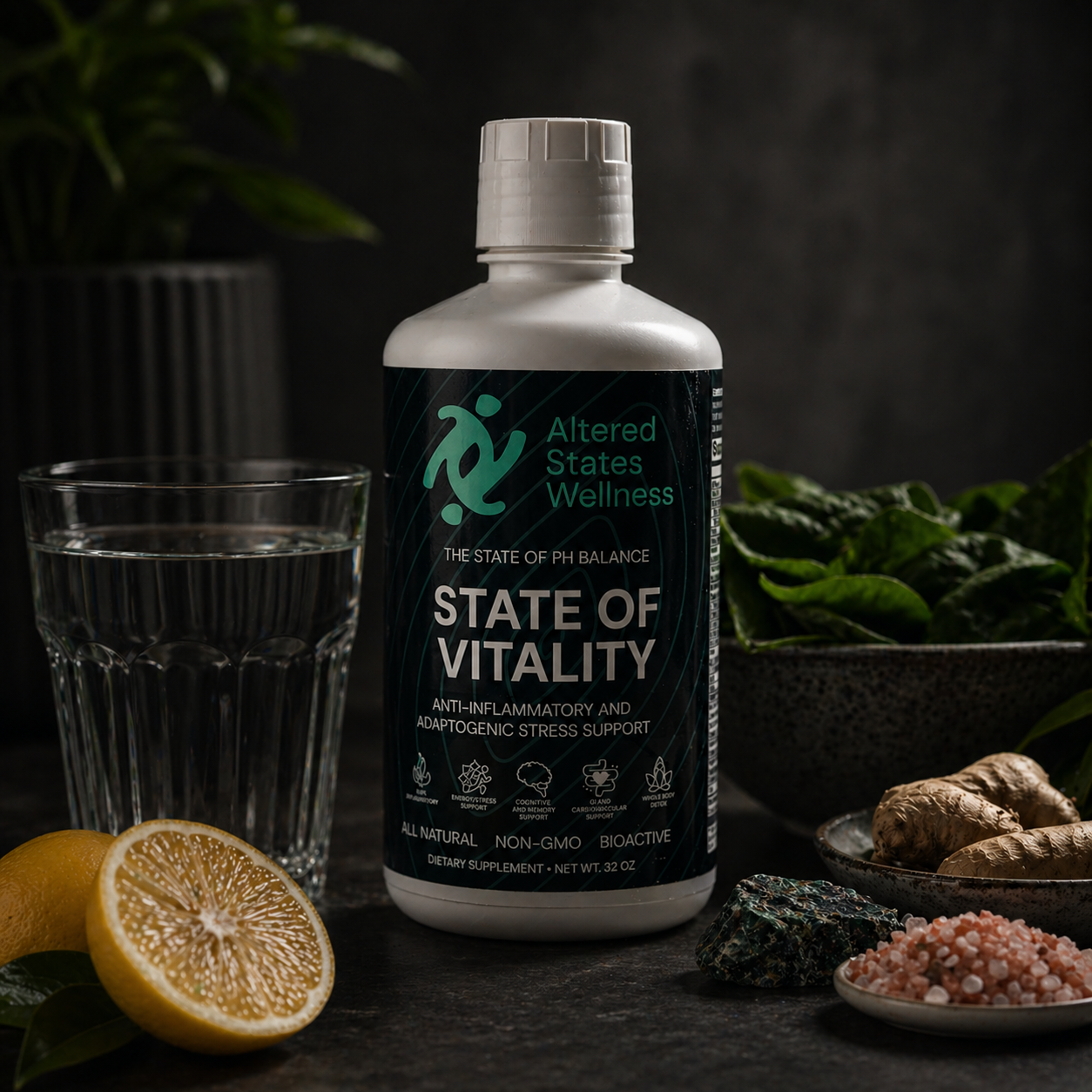 Bottle of Altered States Wellness State of Vitality supplement with a glass of water, lemon, and herbs on a dark background.