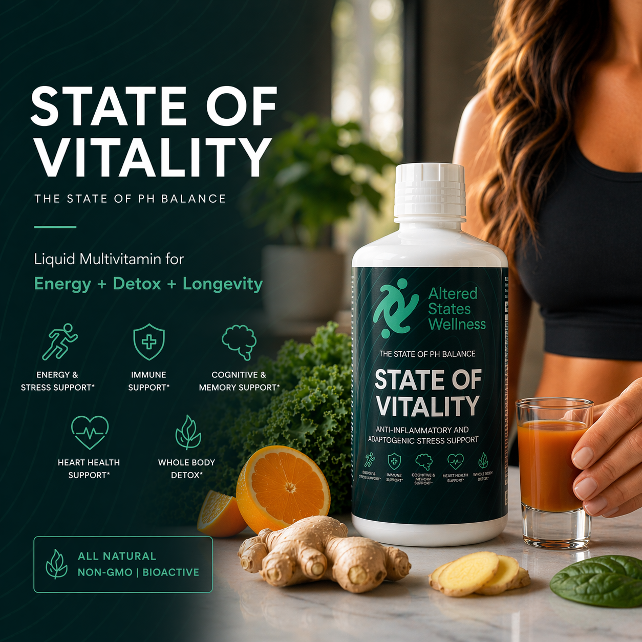 State of Vitality liquid vitamin by Altered States Wellness for daily vitamin and mineral support, pH balance, and overall wellness.