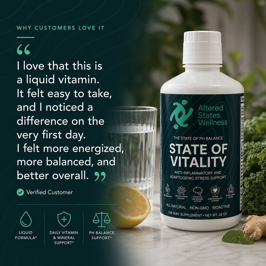 State of Vitality liquid vitamin testimonial graphic featuring daily vitamin and mineral support and pH balance support.