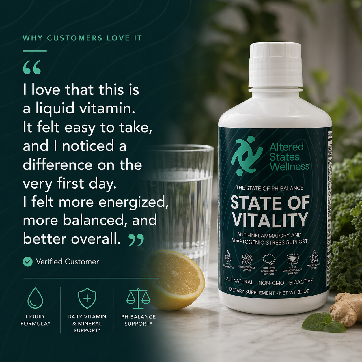 State of Vitality liquid vitamin testimonial graphic featuring daily vitamin and mineral support and pH balance support.