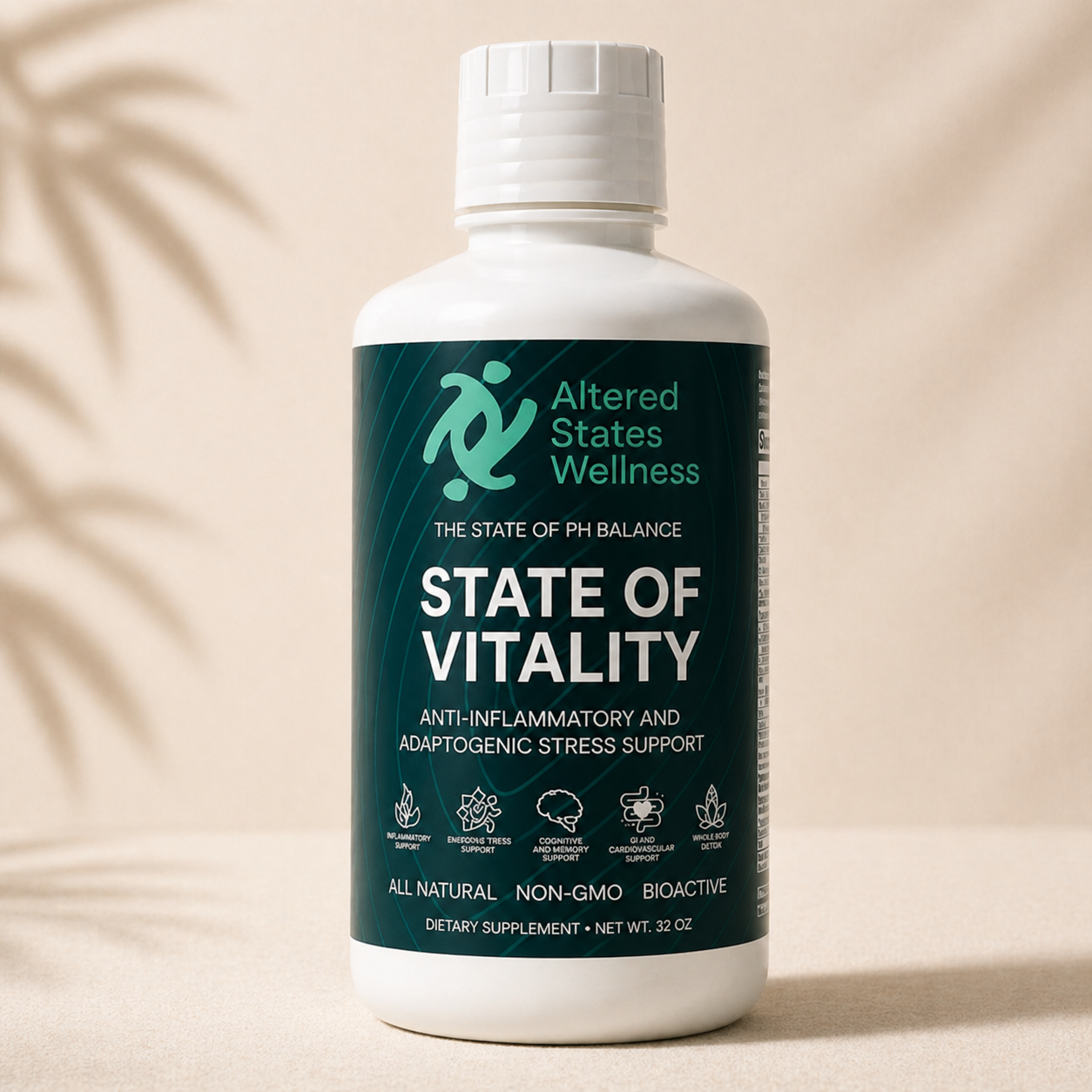 Bottle of Altered States Wellness State of Vitality supplement on a beige background